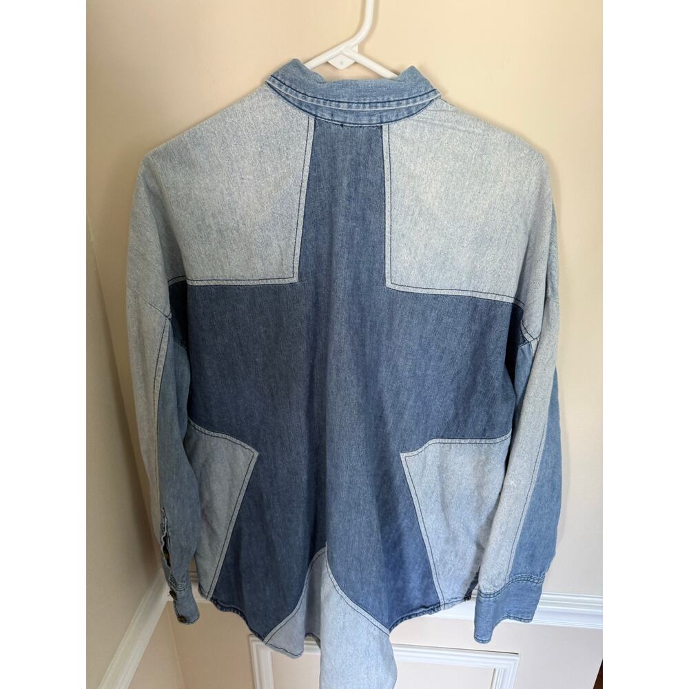 Free People | Bohemian Western Denim Colorblock Patchwork Style Star Button Up - Picture 11 of 13